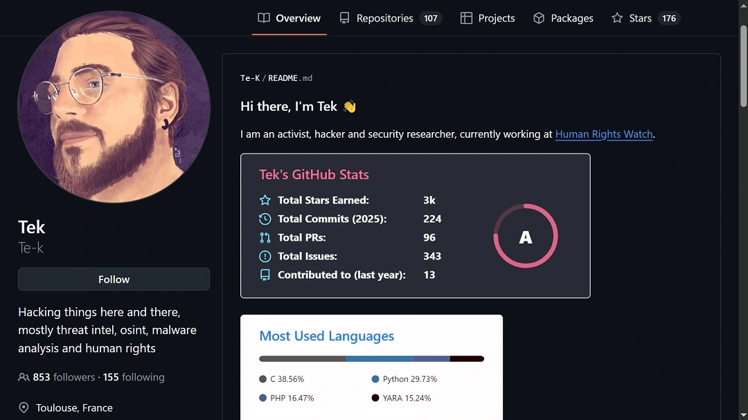 Te-K GitHub profile screenshot.