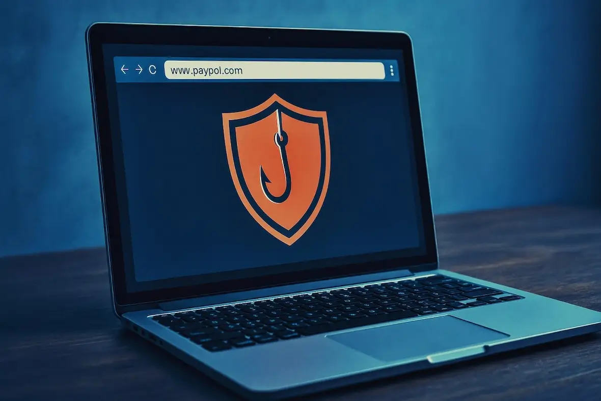 A photo of a MacBook with an image of a misspelled website name, an example of typosquatting.