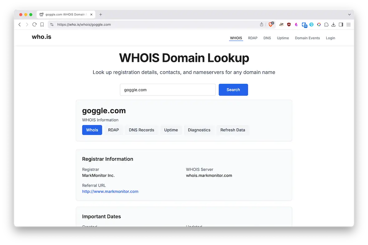 A screenshot of a WHOIS domain lookup showing a result for "Goggle."
