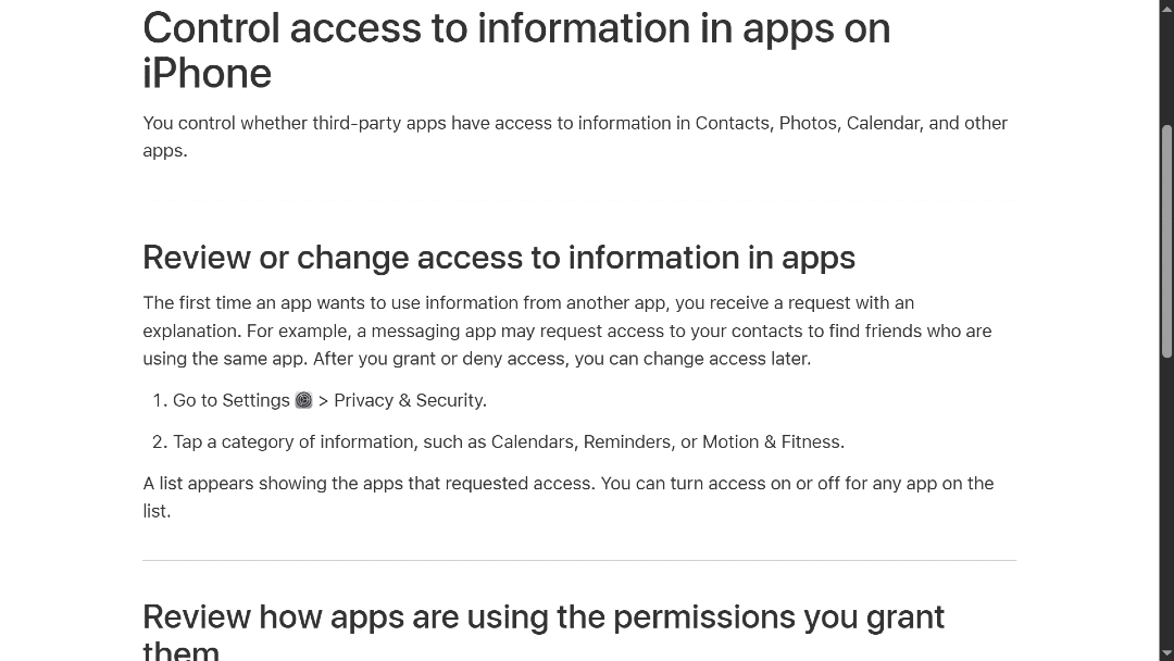 Screenshot of the official step-by-step guide from Apple support on how to control access to information in apps on iPhone.