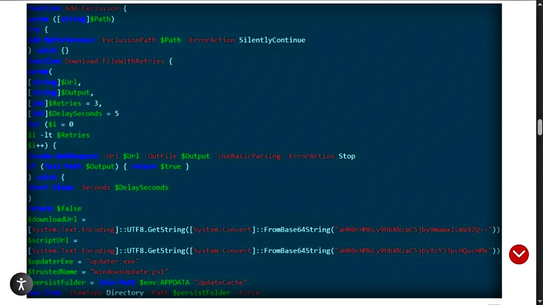 A screenshot of the code that the PowerShell command triggers on Windows devices.