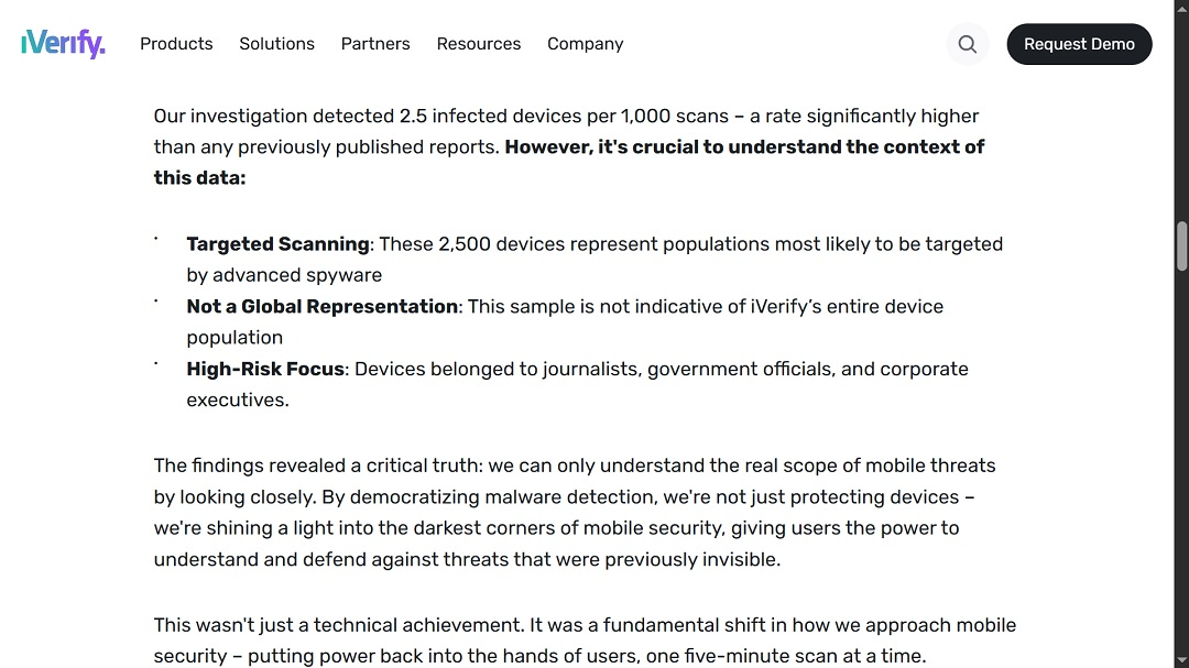 A screenshot of the report from iVerify on Pegasus malware.