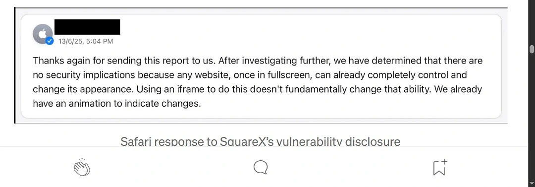 A screenshot of the message SquareX received from Apple.