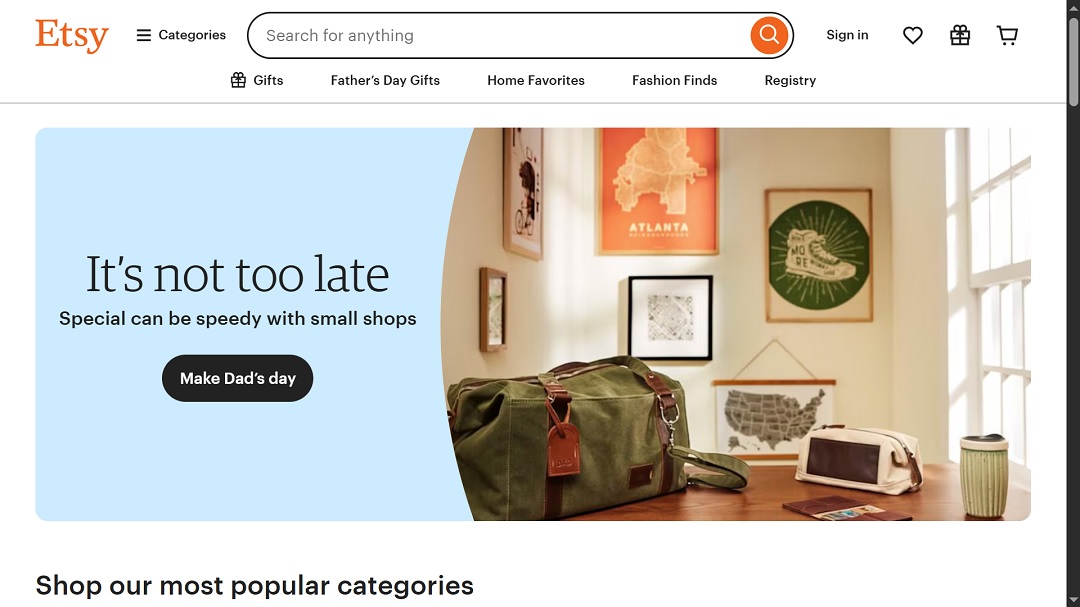 A screenshot of the main page of Etsy.