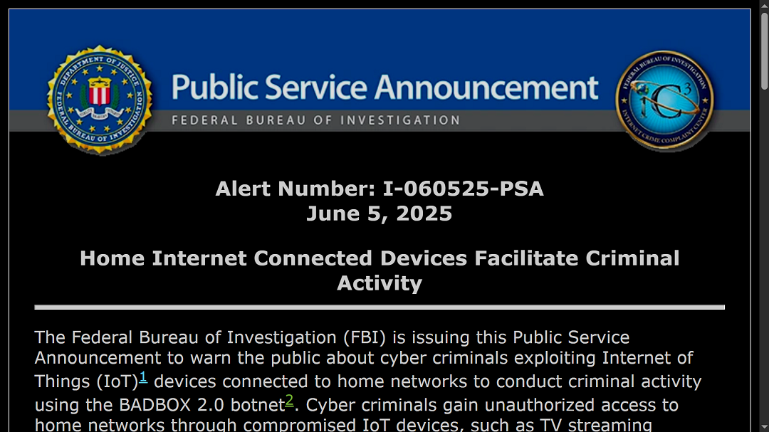 A screenshot of the FBI's official warning about BADBOX 2.0.