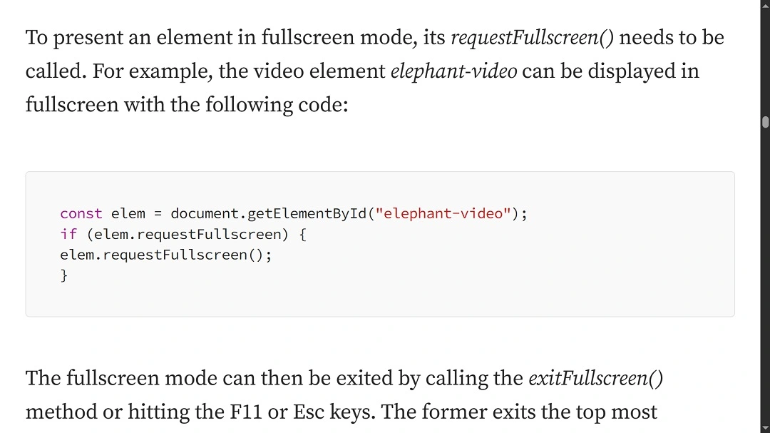 A screenshot of the code used to trigger full screen mode in browsers.