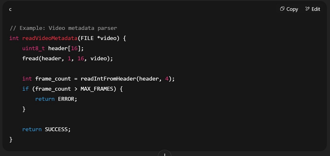 An example of a normal video metadata parsing logic (safe version). ChatGPT generated.