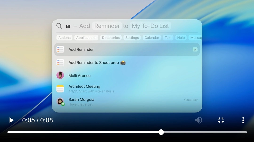 A screenshot of Spotlight at work in macOS Tahoe.