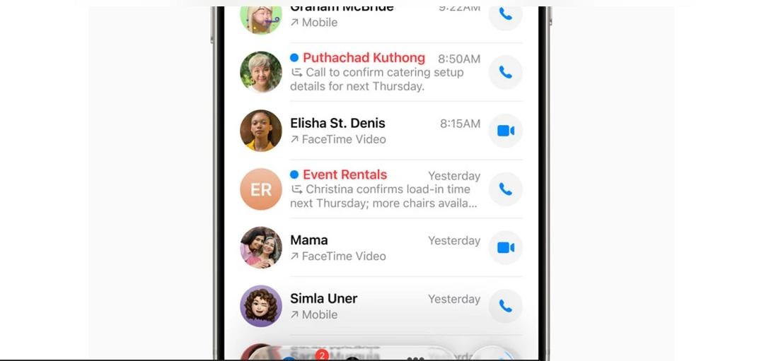 A screenshot of call history on iOS 26, showing text transcripts describing why callers are calling.