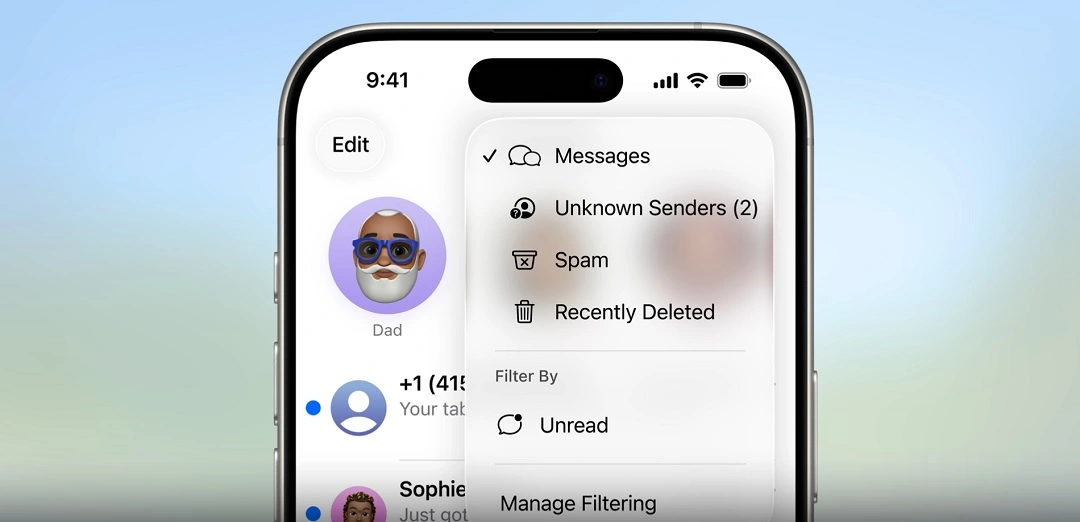 A screenshot of iOS 26 grouping by Unknown Senders.