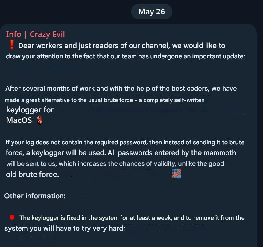 A screenshot of a chat from the threat group linked to AMOS.