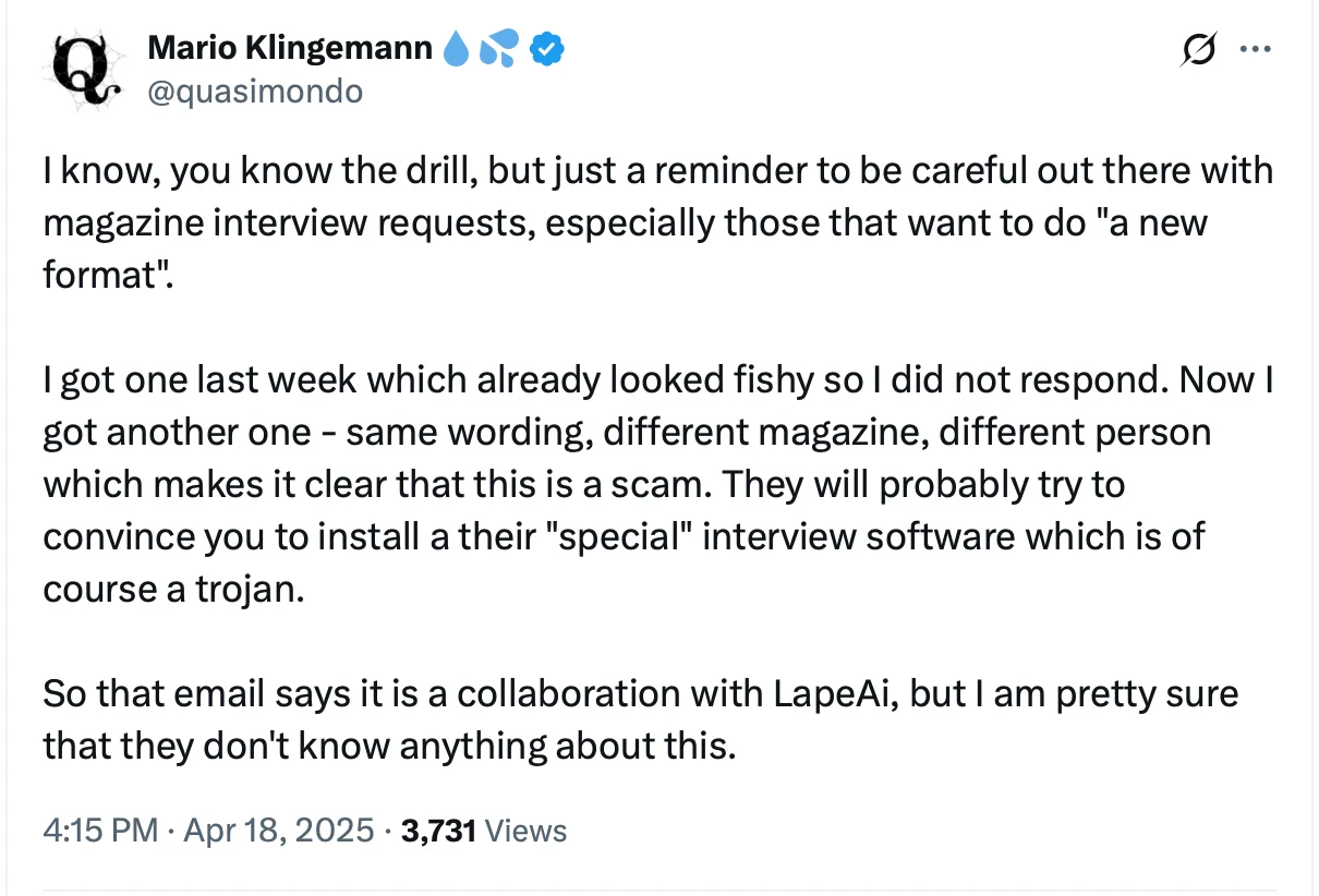 A screenshot of a tweet by Mario Klingemann warning users of a phishing scam.