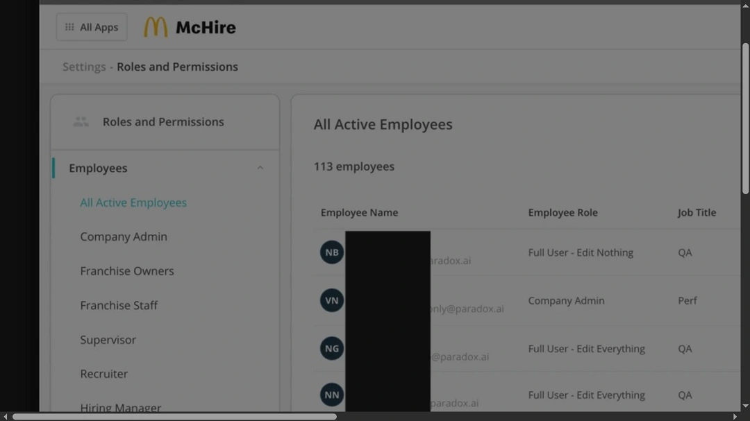 A screenshot of the McHire pentest done by Caroll.