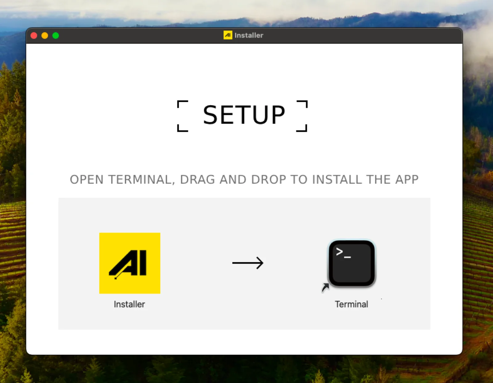 A screenshot of macOS showing the AMOS installer setup screen.