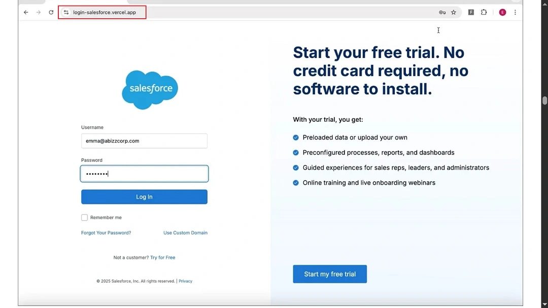 A screenshot of the fake Salesforce login page where the Browser AI agent entered a user's credentials.