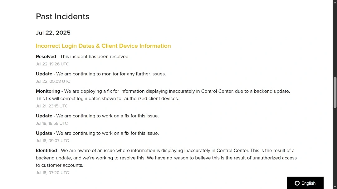 Screenshot of the Amazon Ring status page.