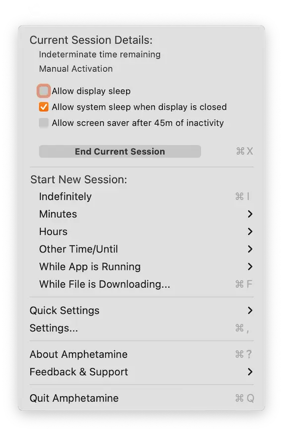 A screenshot of settings in the Amphetamine app for macOS.