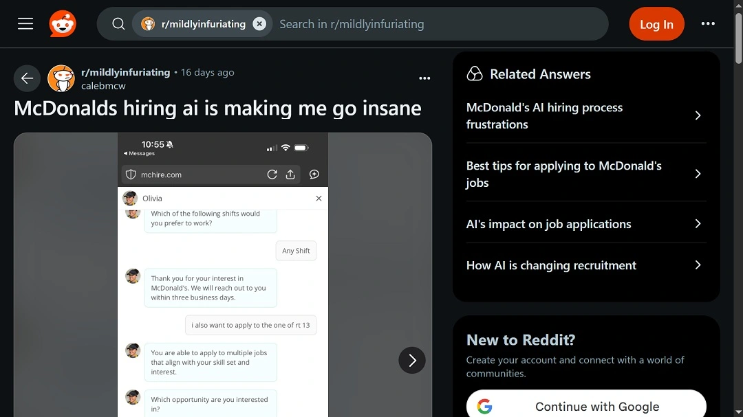 Screenshot of a Reddit user's post complaining about the McDonald AI hiring bot.