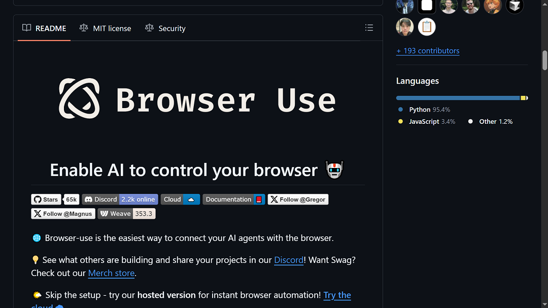 A screenshot of the GitHub page of Browser Use.