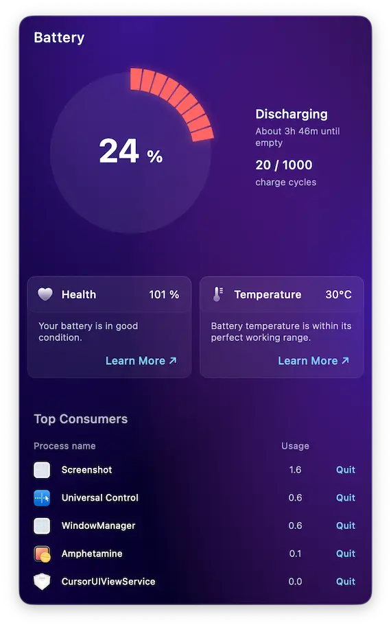 A screenshot of CleanMyMac showing the Mac's battery health.