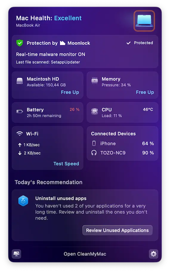 A screenshot of the CleanMyMac device monitor.