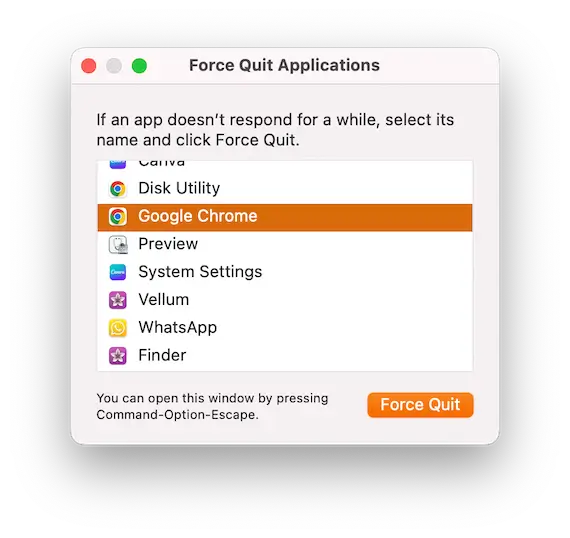 A screenshot of the Force-quit menu on macOS.