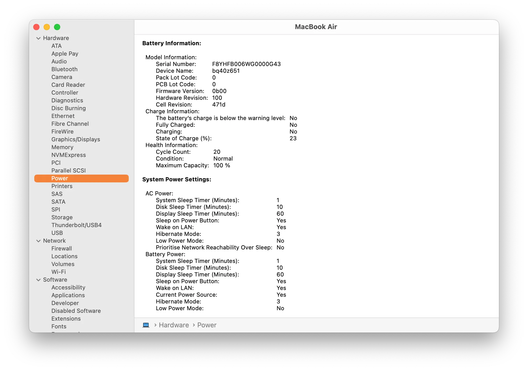 A screenshot of a System Report on a MacBook Air.