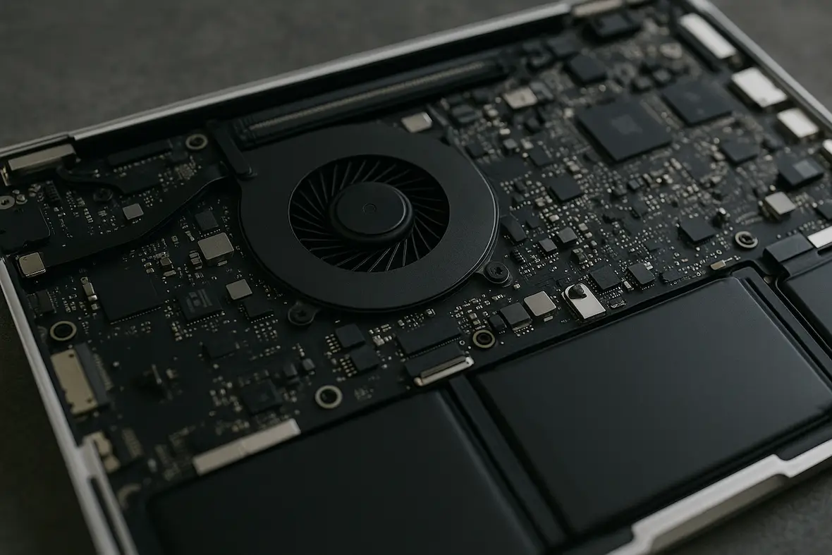 A photo showing the internal workings of a laptop.