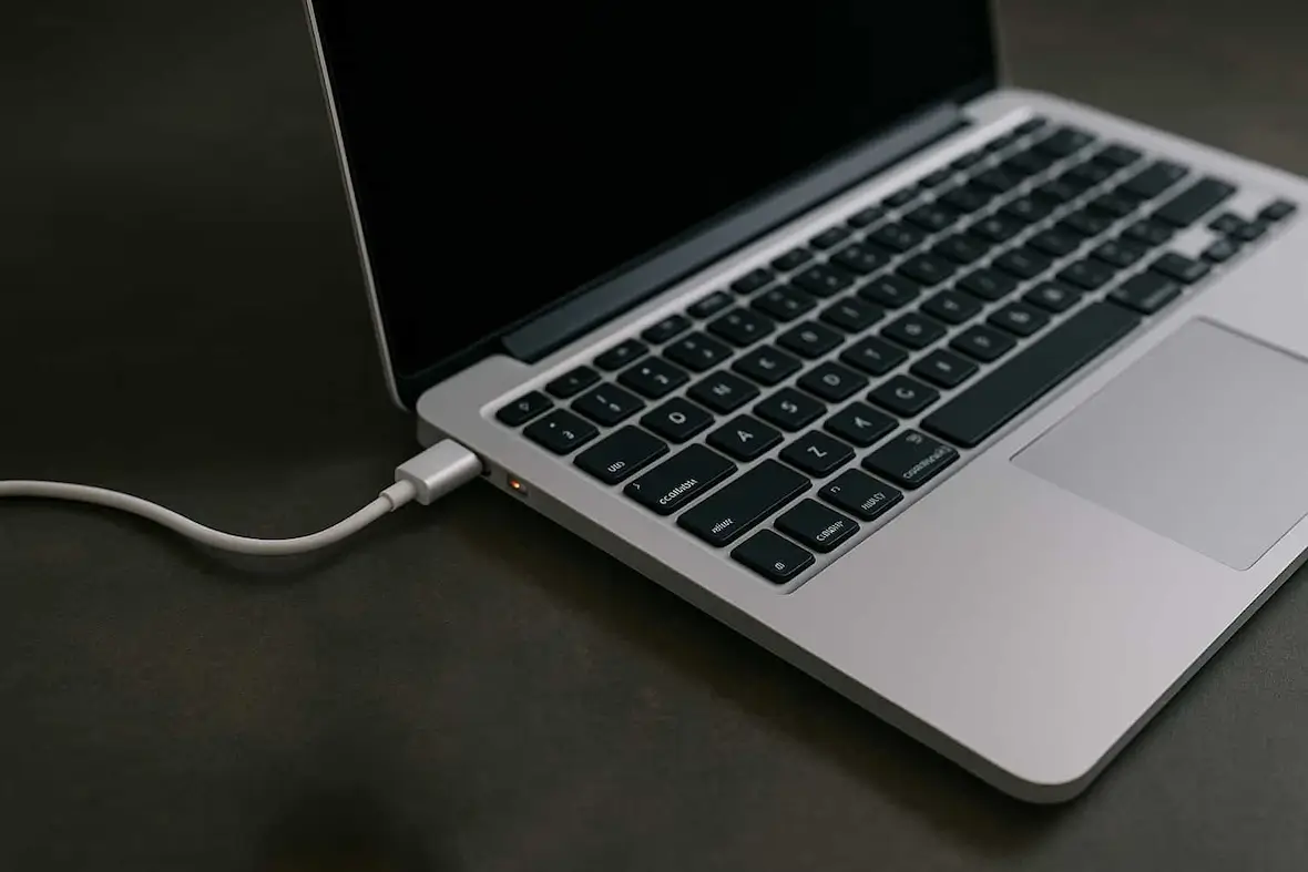 A photo of a MacBook with its charger plugged in.