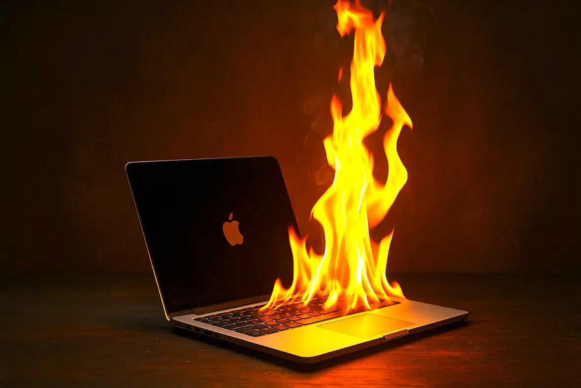 A photo depicting a MacBook on fire.