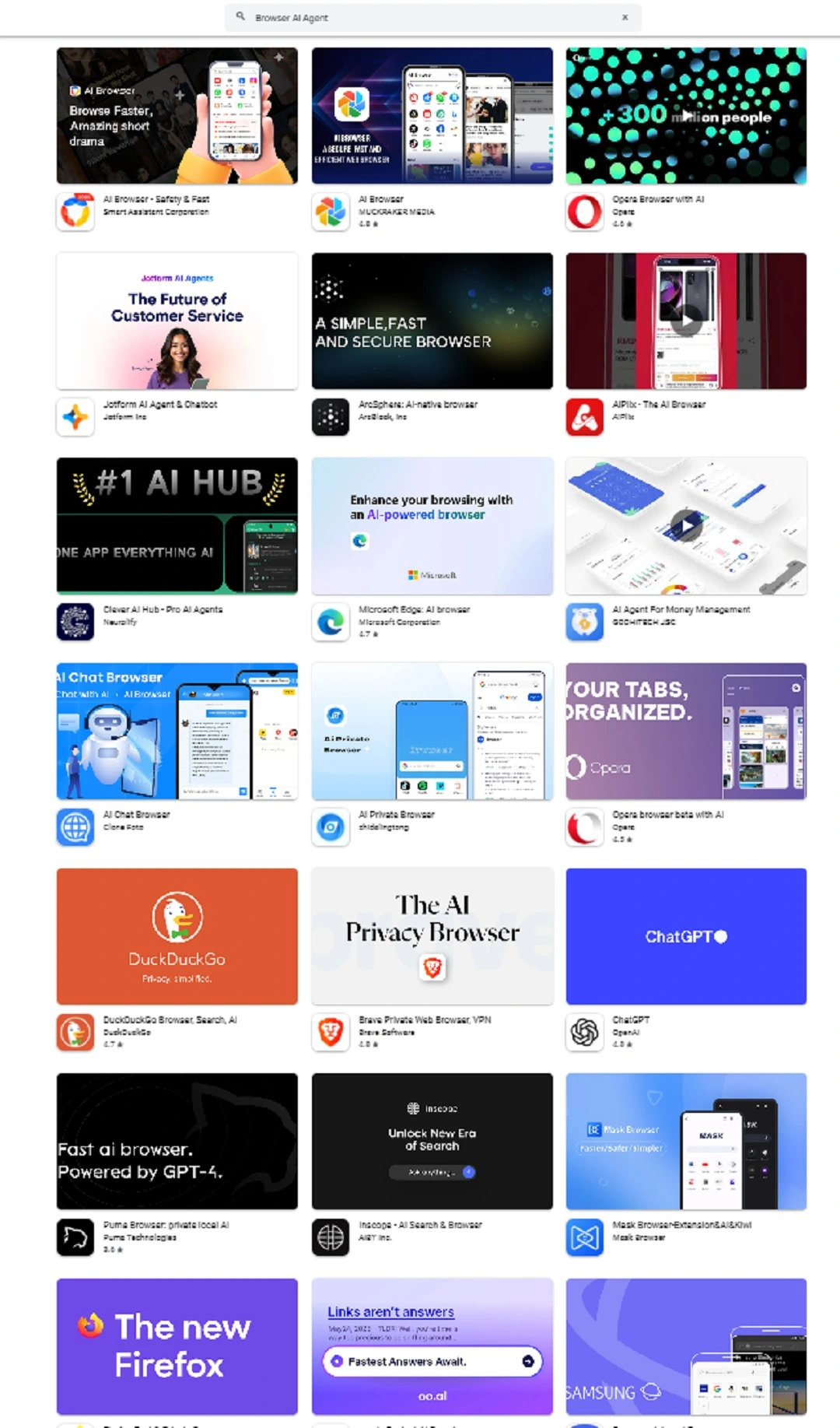 A screenshot of Android search results for Browser AI agent apps.