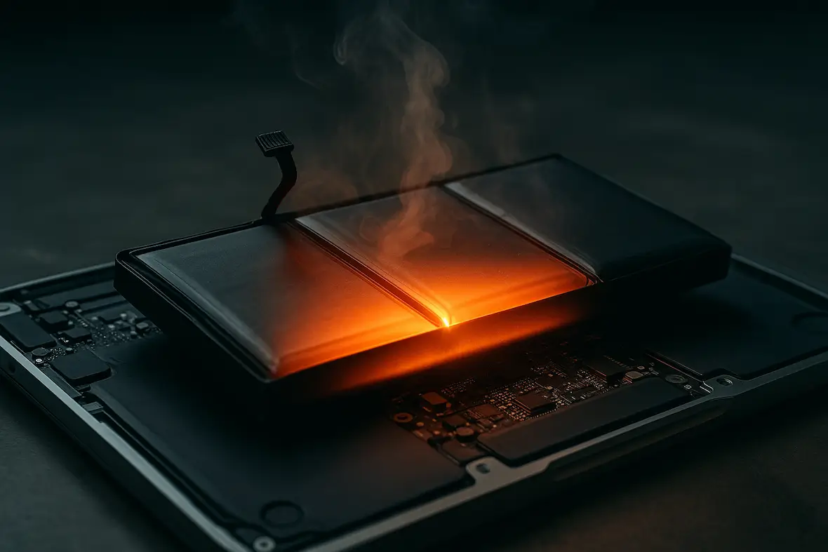 A photo of an overheating laptop battery.