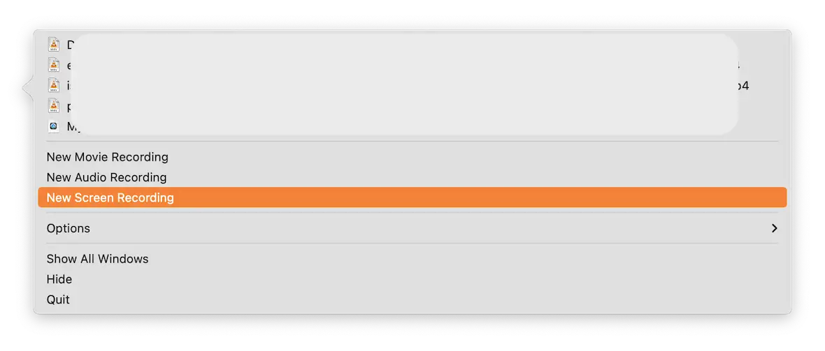 A screenshot of showing a QuickTime drop-down menu with the option for a "New Screen Recording."