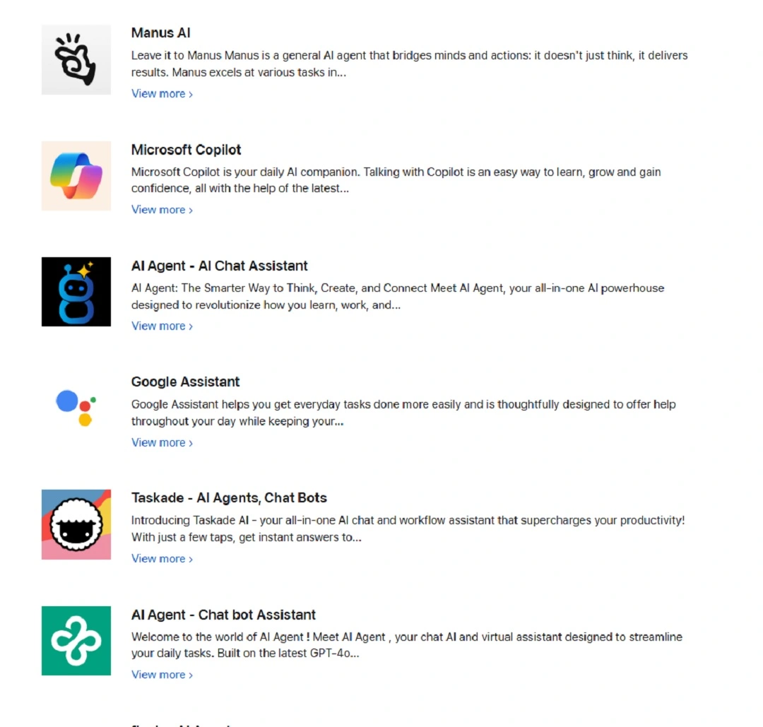 A screenshot of the Apple App Store showing results for Browser AI agent apps.