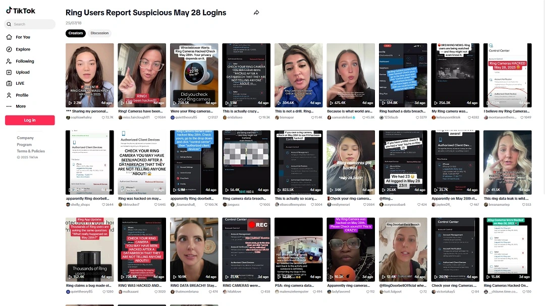 A screenshot of users on TikTok expressing their concerns over a potential Ring hack on May 28.