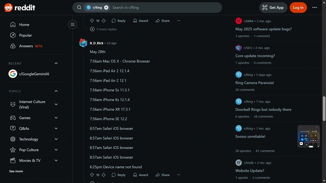 A screenshot of Reddit posts discussing the May 28 Ring incident.