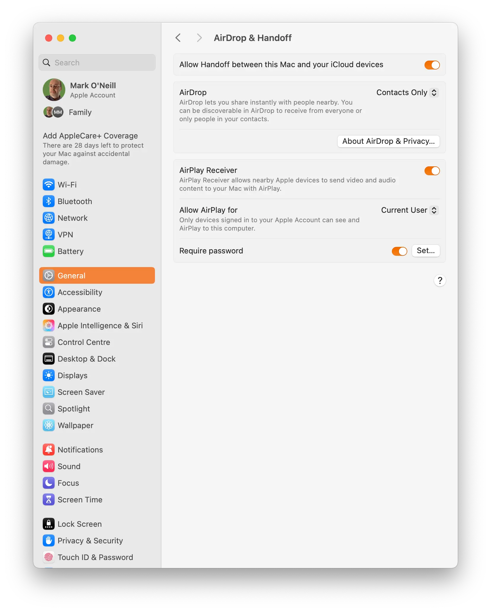 A screenshot of the AirPlay section of the macOS System Settings.