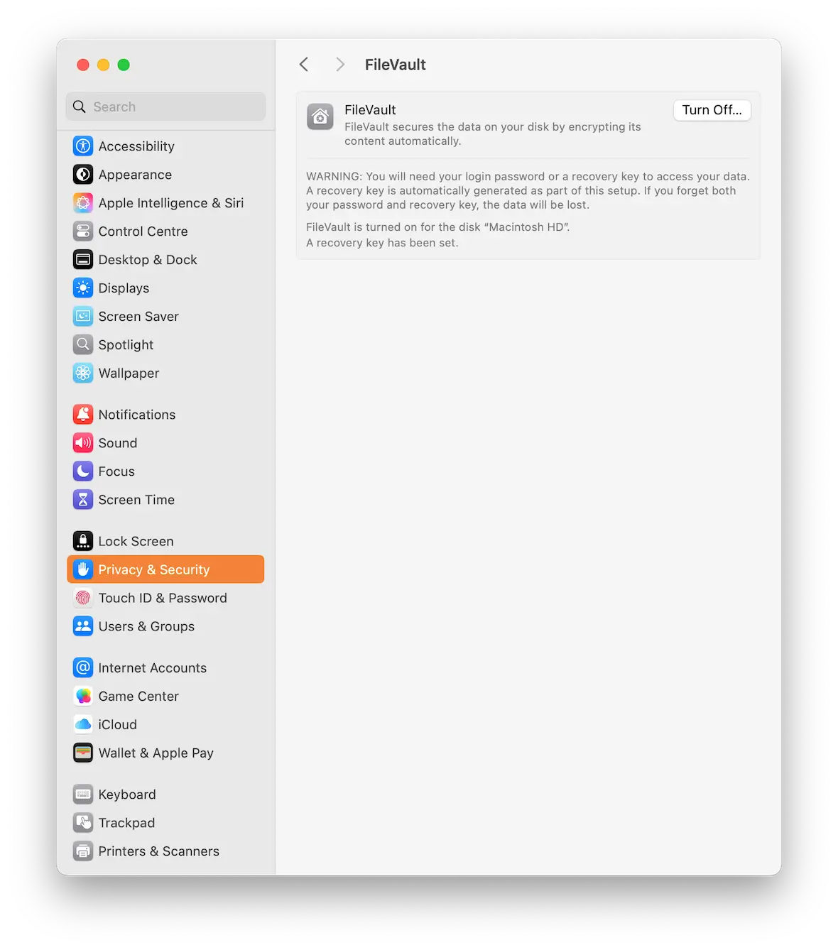 macOS Filevault in settings
