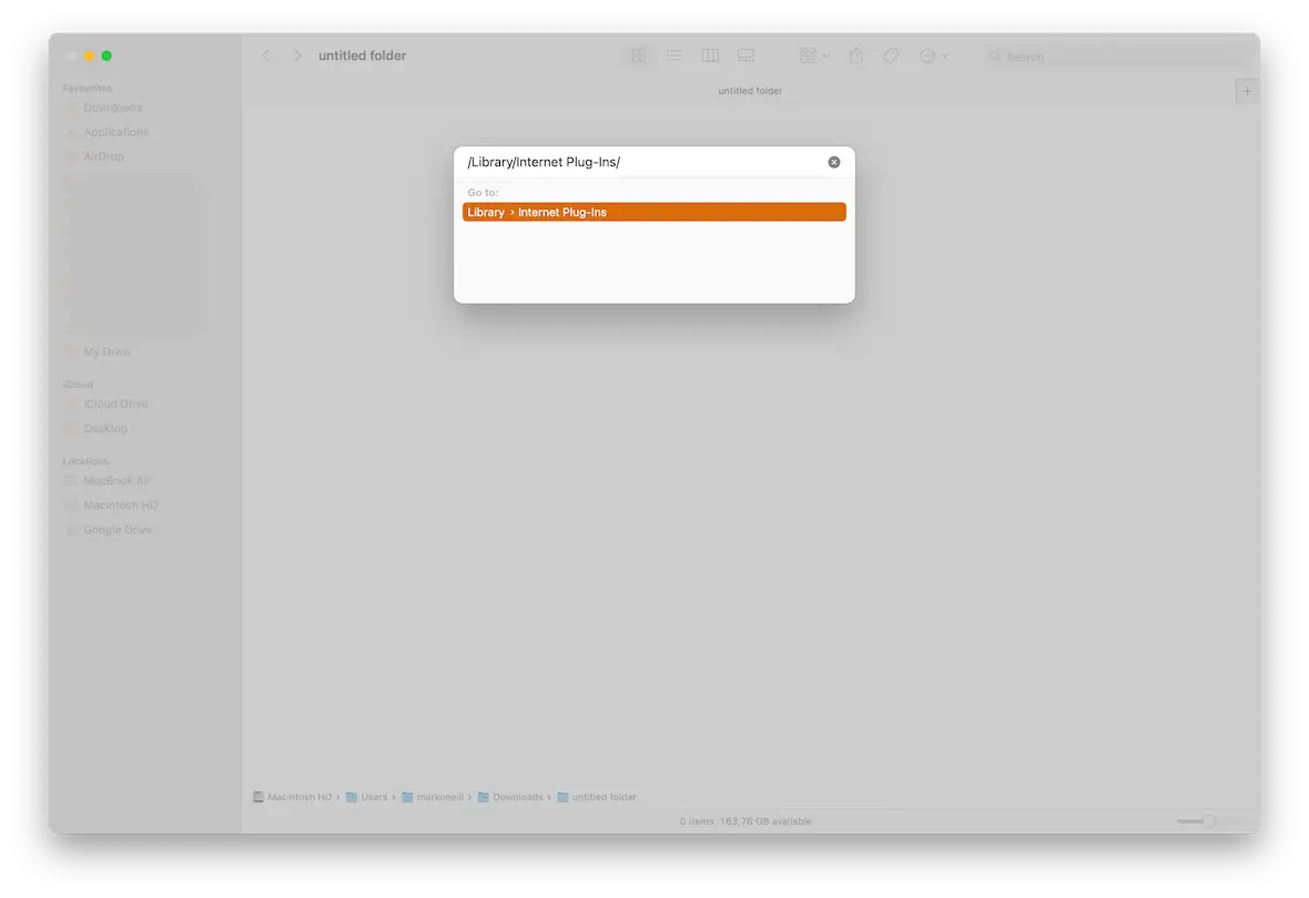 A screenshot showing the /Library/Internet Plug-ins/ folder in macOS.