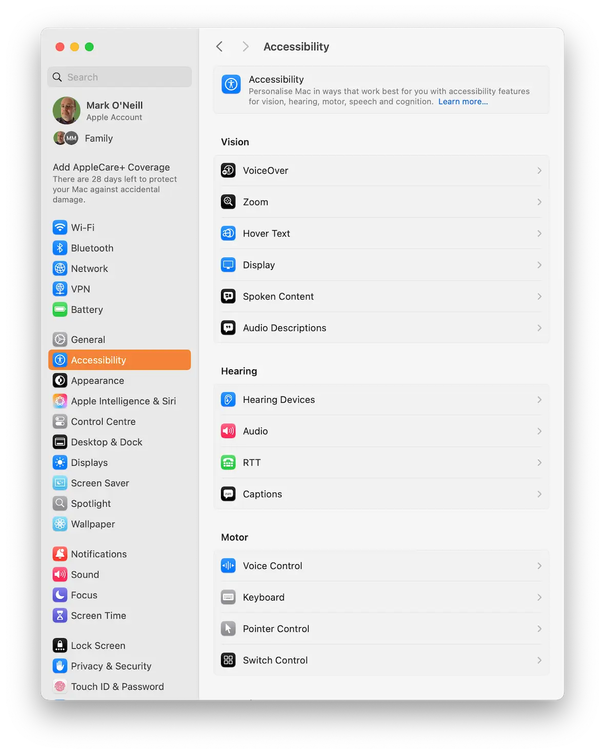 A screenshot of the Accessibility section of the macOS System Settings.