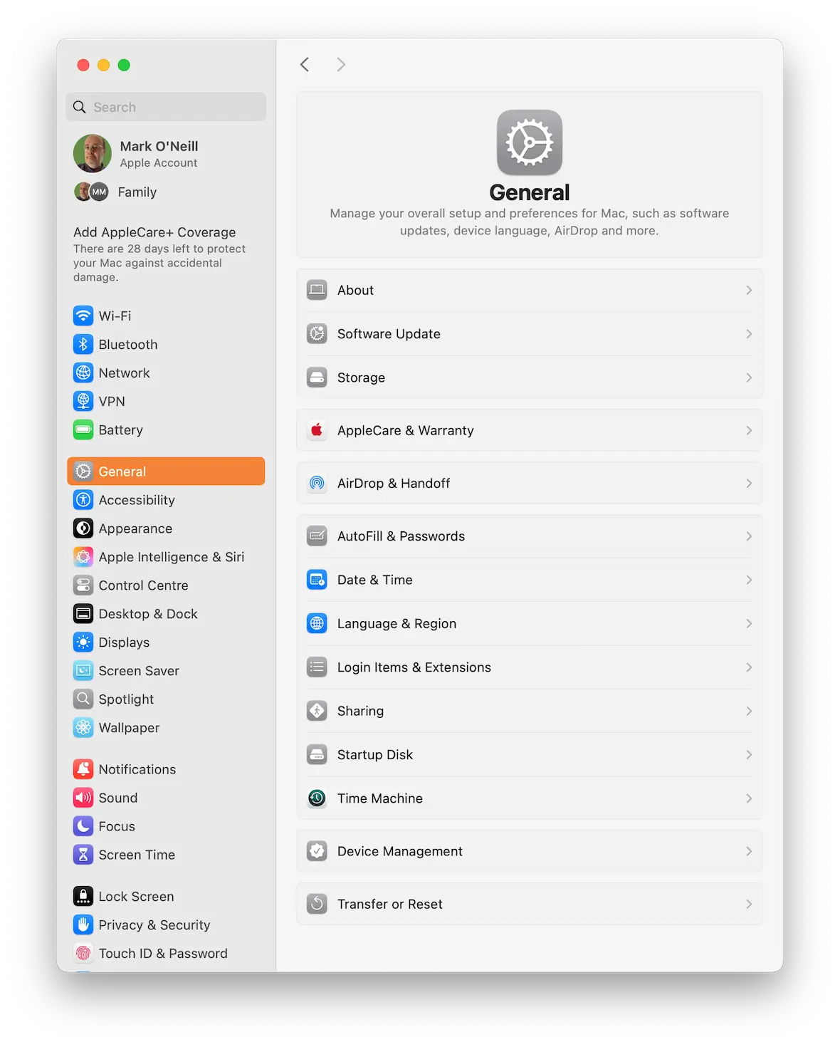 A screenshot showing the location of the AirPlay & Handoff sections in macOS System Settings.