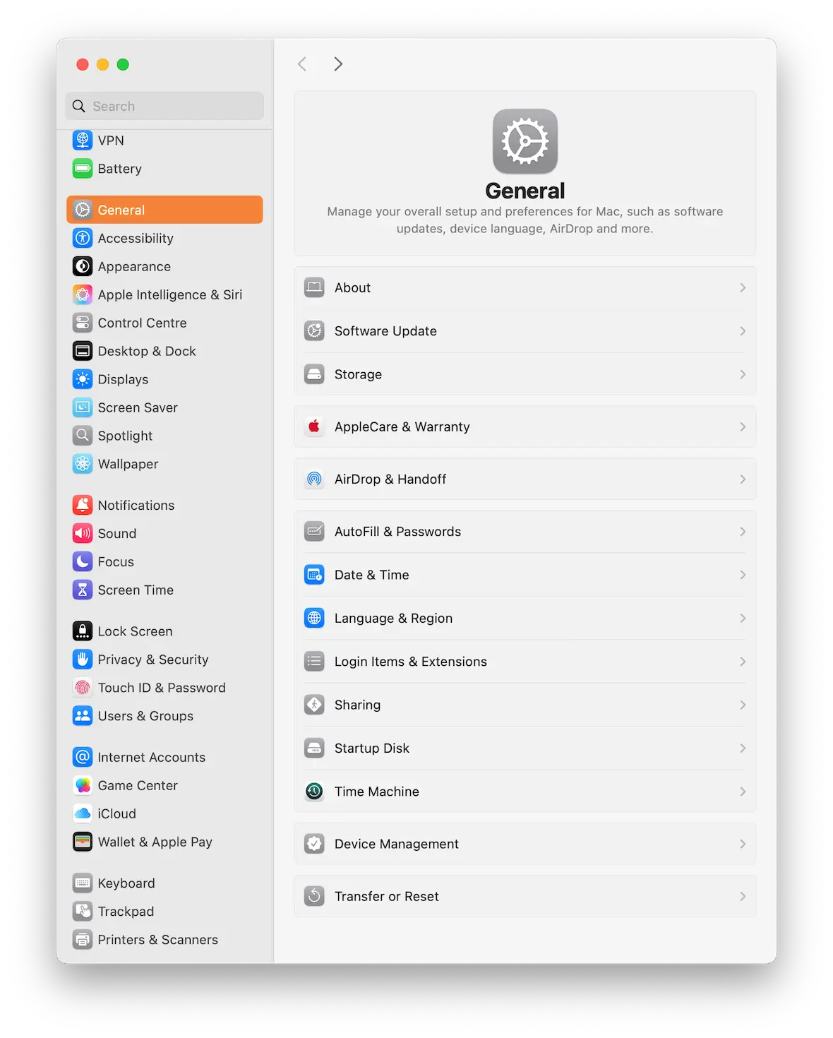 A screenshot of the General section of the macOS System Settings.