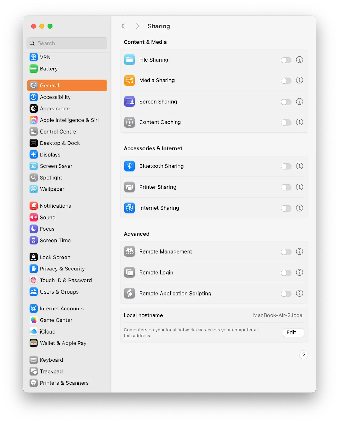 A screenshot of the Sharing section of the macOS System Settings.