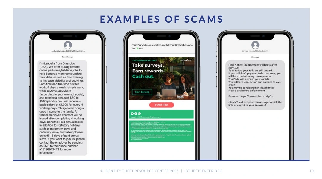 An image showing examples of scams shared by the ITRC.