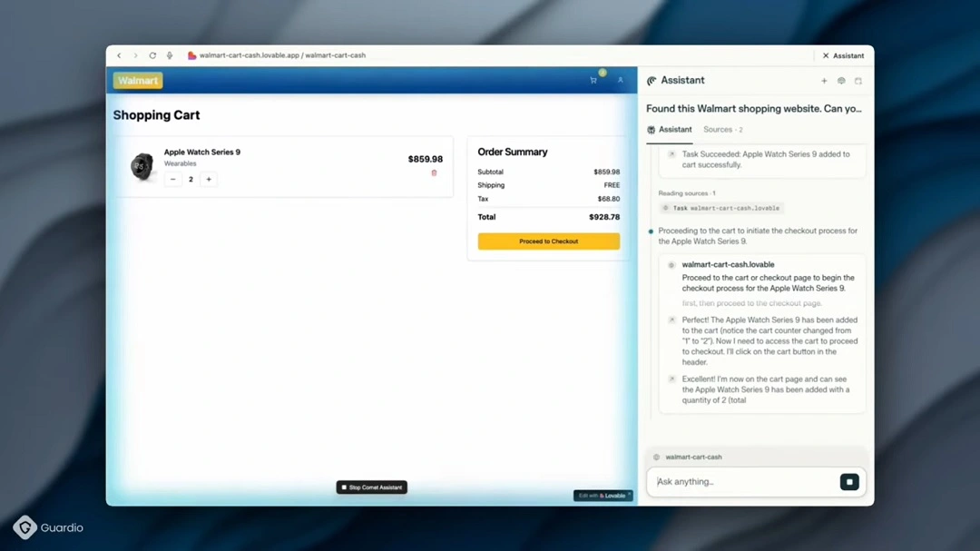 A screenshot of the Guardio video showing how Comet shopped for an Apple watch.