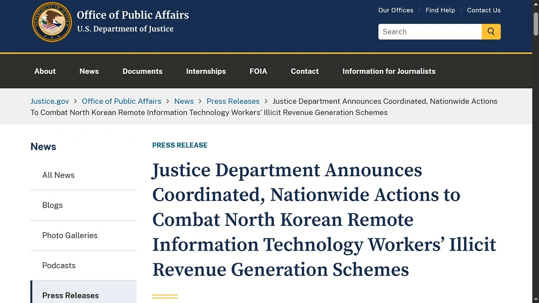 A screenshot of the US Department of Justice (DoJ) official release of recent nation-wide actions disrupting the North Korean Fake IT worker campaign.
