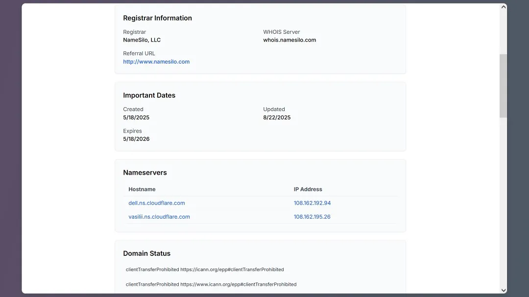 A screenshot of WHOIS data on one of the sites involved in this campaign.