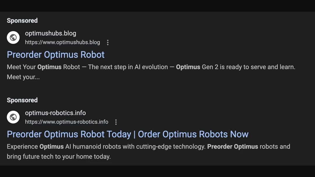 Dr. Ullritch shared this screenshot of the Google Ads that directed to the fake Optimus site.