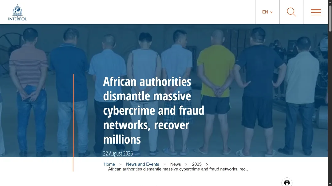 A screenshot of the Interpol press release on African cybercriminal syndicate disruption.
